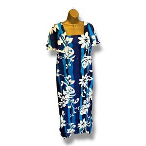 Vintage 70s Handmade Blue Floral Hawaiian Maxi Dress Size Large